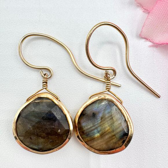Labradorite Bezel Set Gold Tone Wire Dangle Earrings Gemstone Flash Luxe Elegant - Picture 1 of 13
